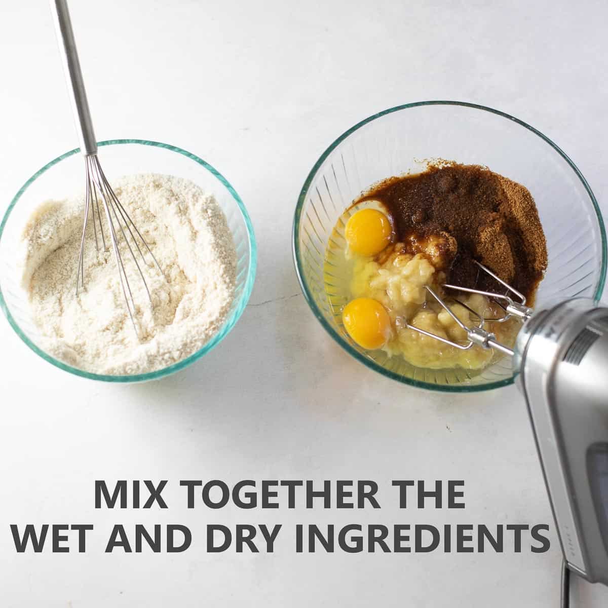 titled photo shows one step in making paleo banana bread: "mix together the wet and dry ingredients"