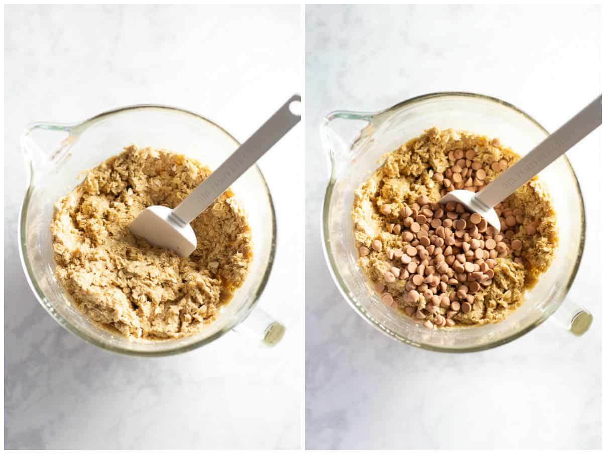 cookie dough in mixing bowl with butterscotch chips
