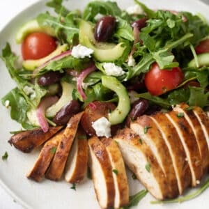 Greek chicken salad with tomatoes cucumbers and chopped chicken