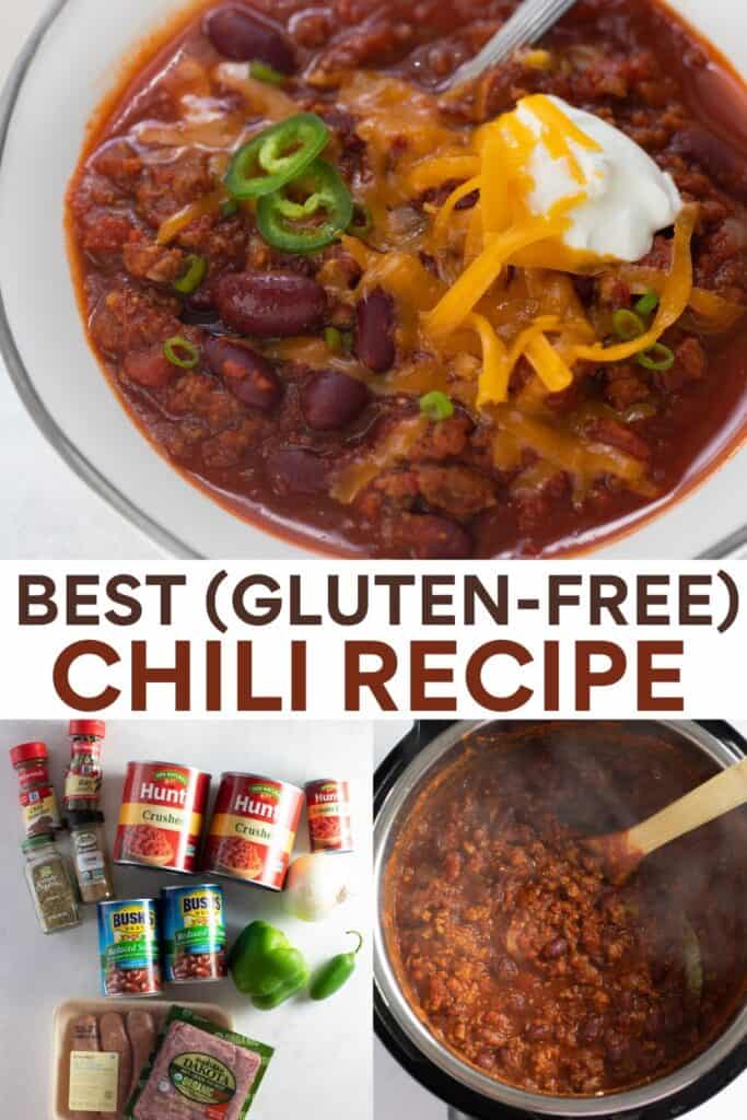 image for pinterest of gluten-free chili ingredients and chili in serving bowls