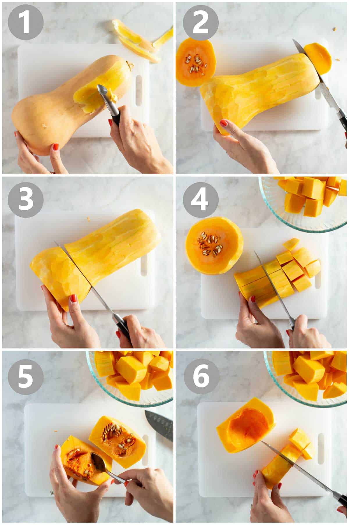 step-by-step instructions of how to peel and cut up butternut squash
