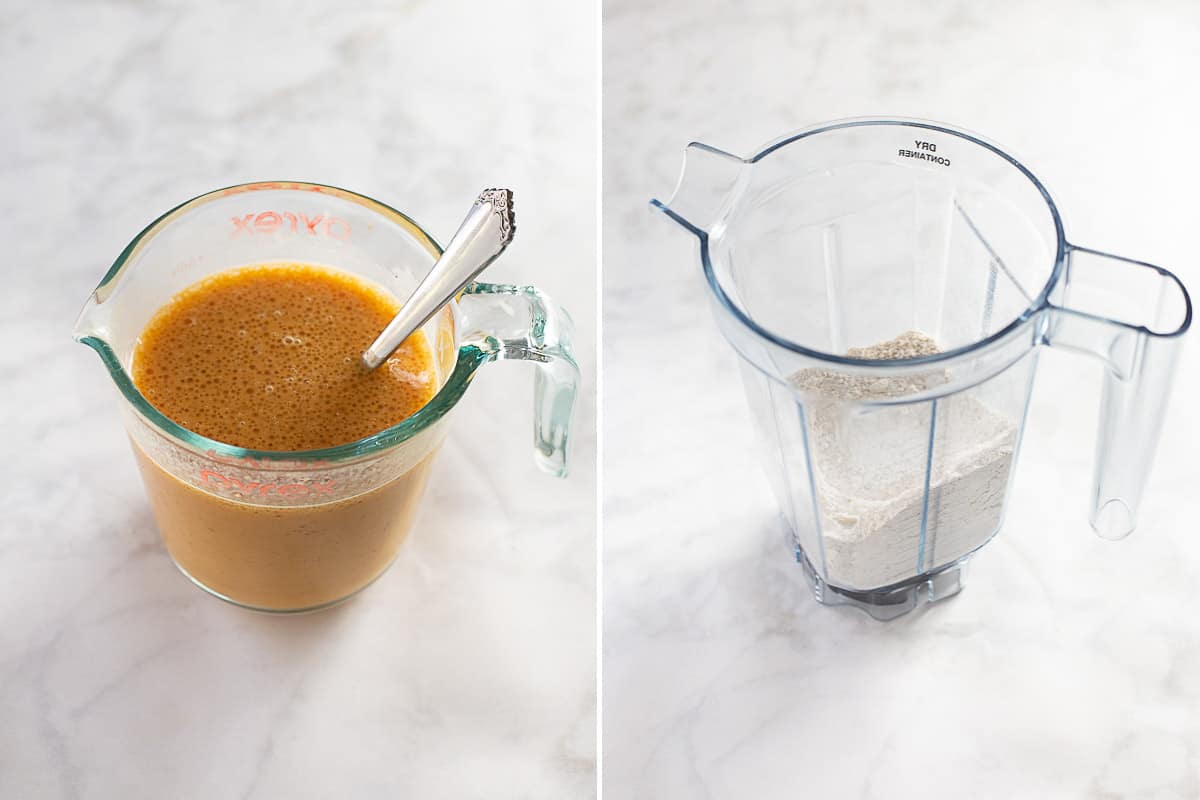 how to mix together pumpkin pancake ingredients in blender and measuring cup