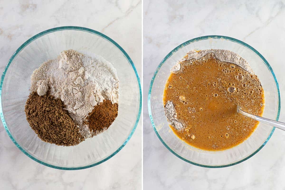 how to mix together pumpkin pancakes with bowl of dry ingredients and bowl of wet ingredients