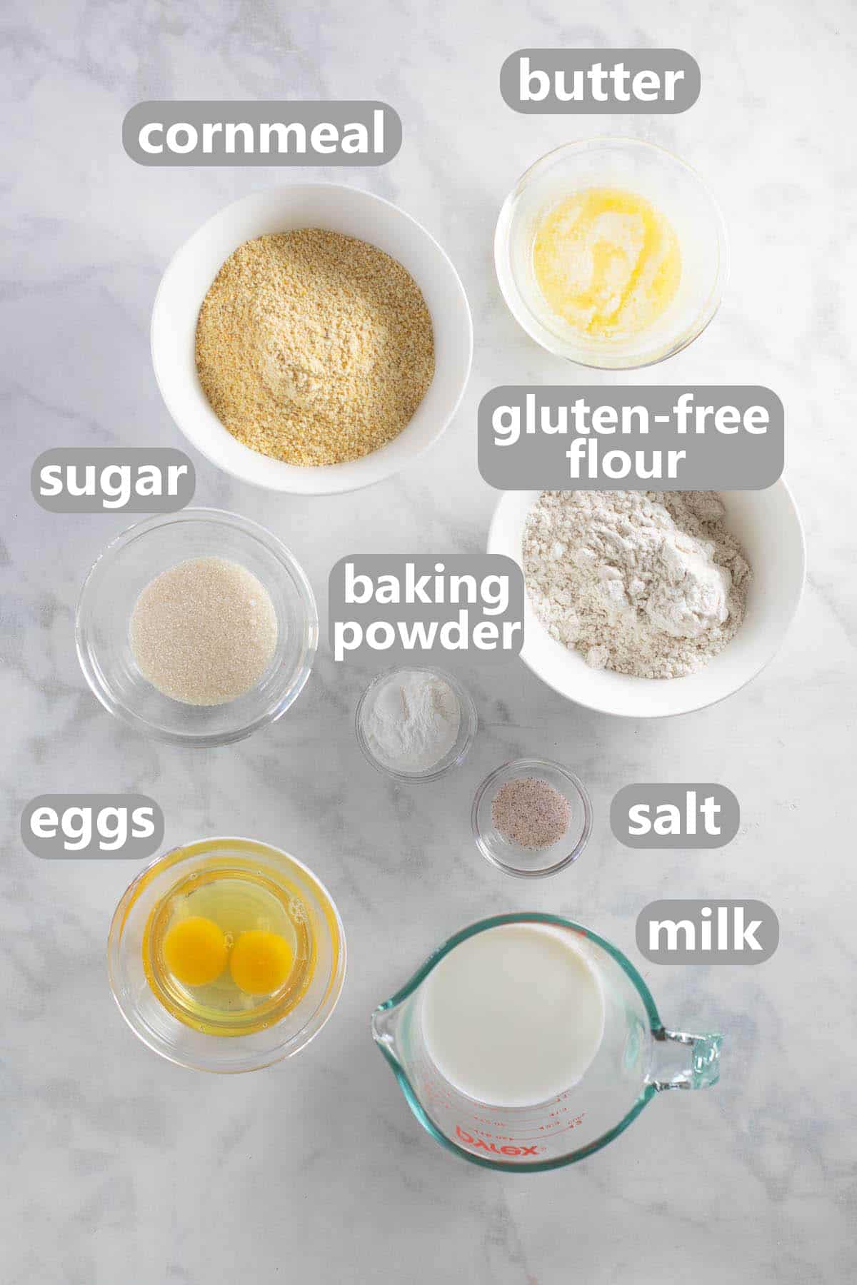shot of ingredients needed for gluten-free cornbread
