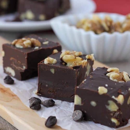Three slices of fudge with nuts