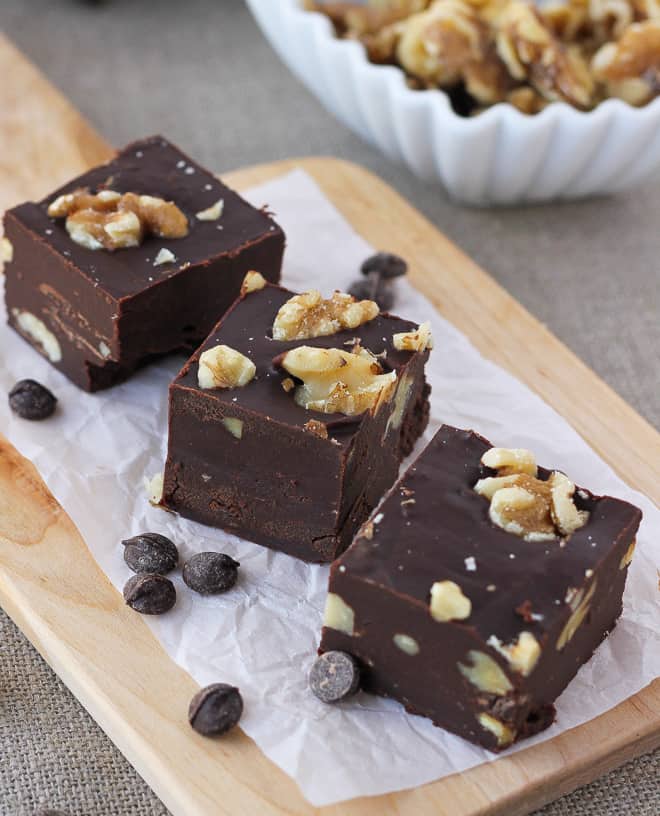 Three slices of fudge with nuts