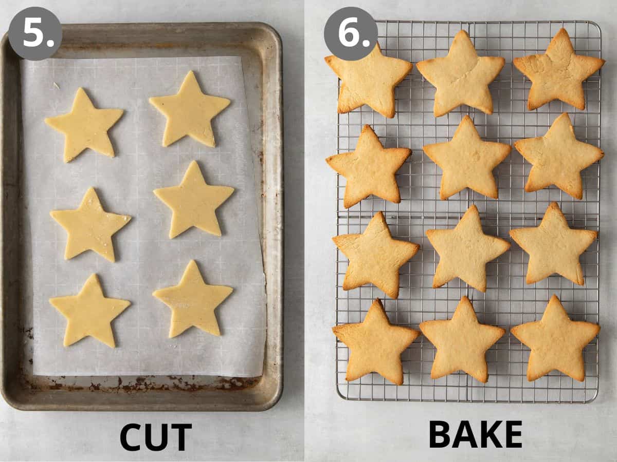 cut out and baking almond flour sugar cookies on baking sheet
