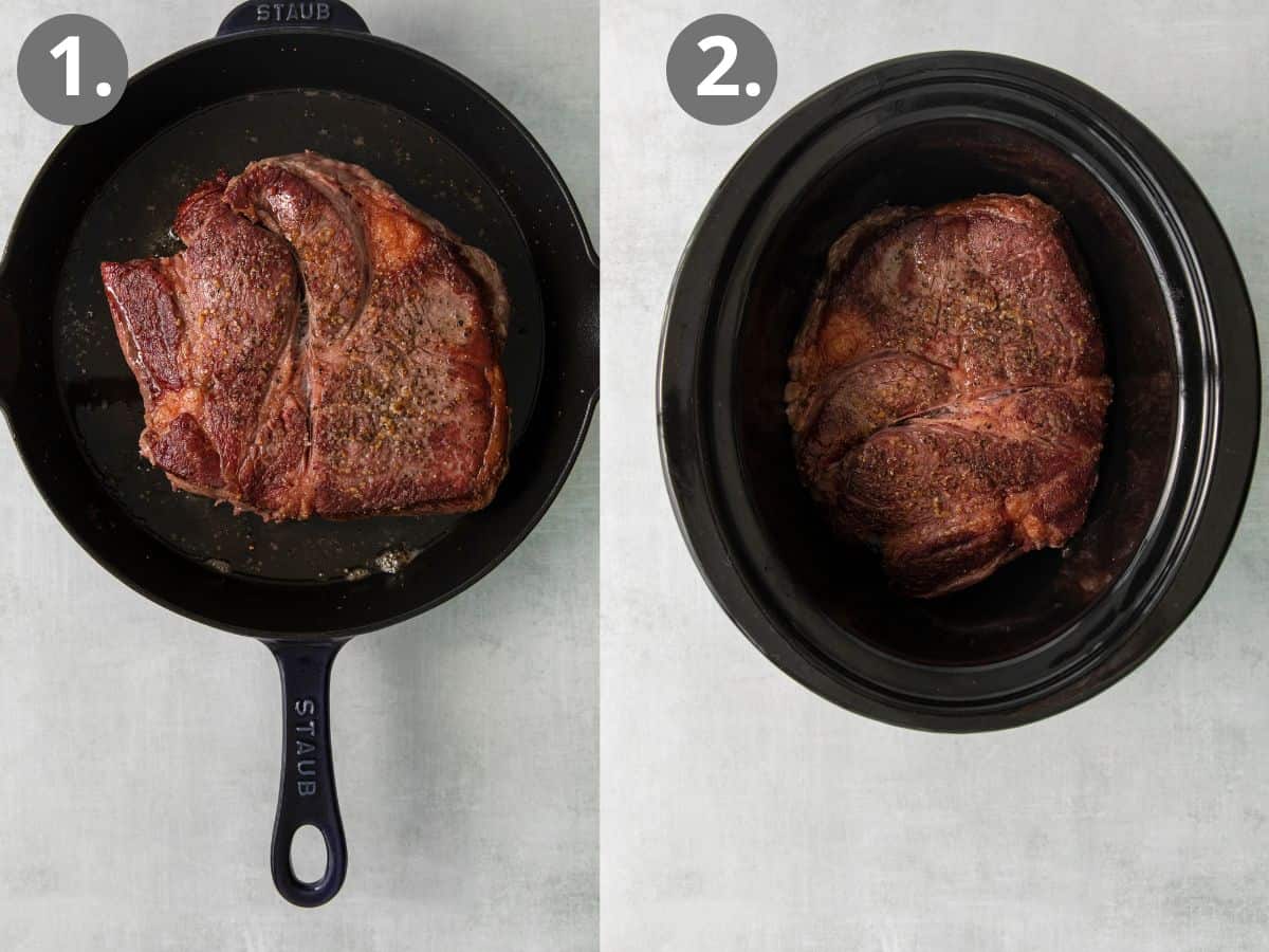 Pot roast searing in a pan, then placed in a crock pot