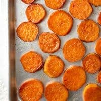 roasted sweet potatoes on baking sheet