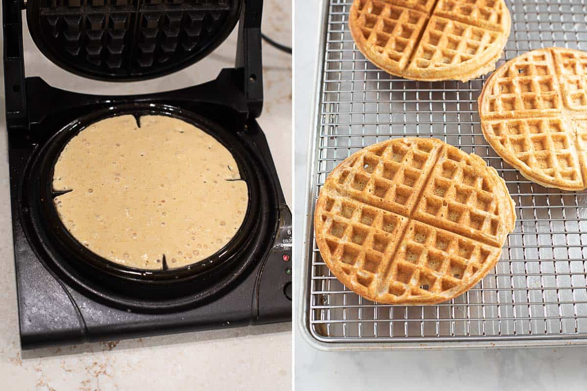 how to make gluten free waffles with waffle iron and cooked waffles on cooling rack