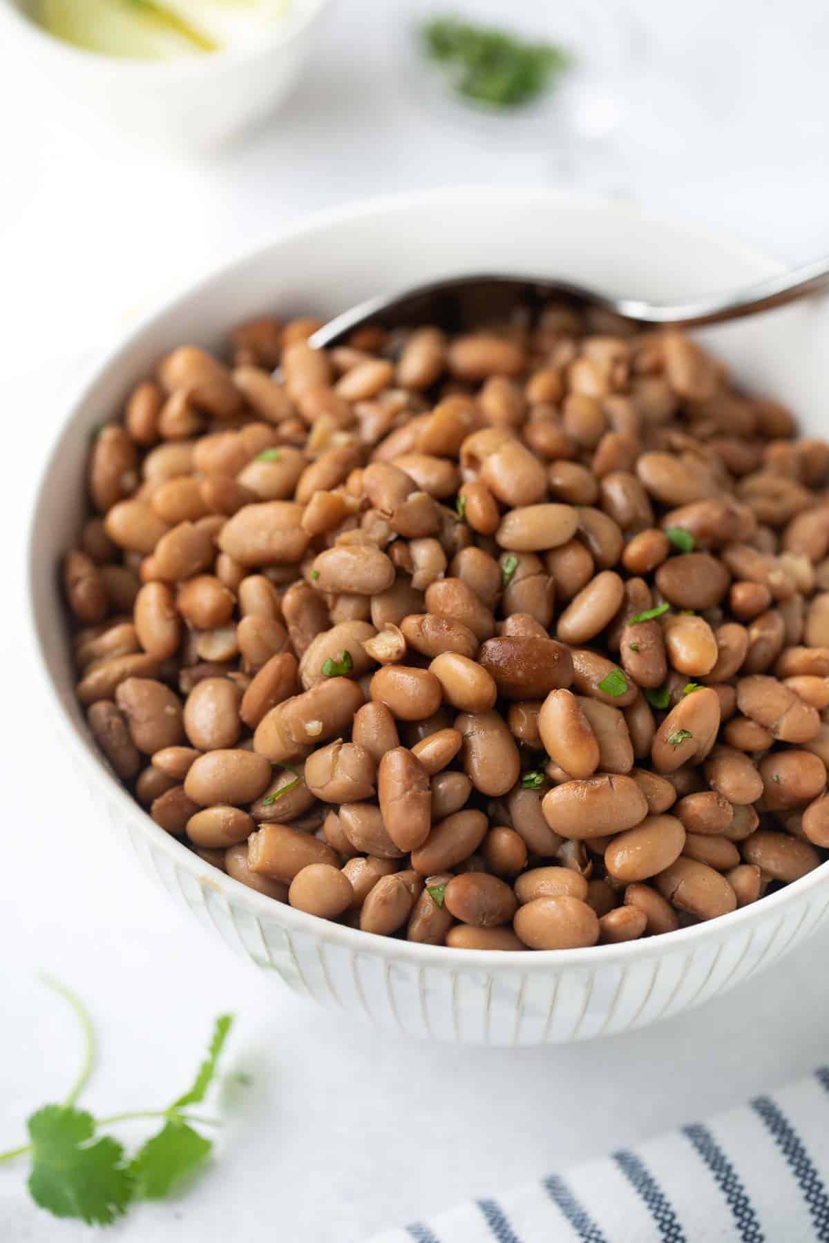 white bowl filled with slow-cooker pinto beans