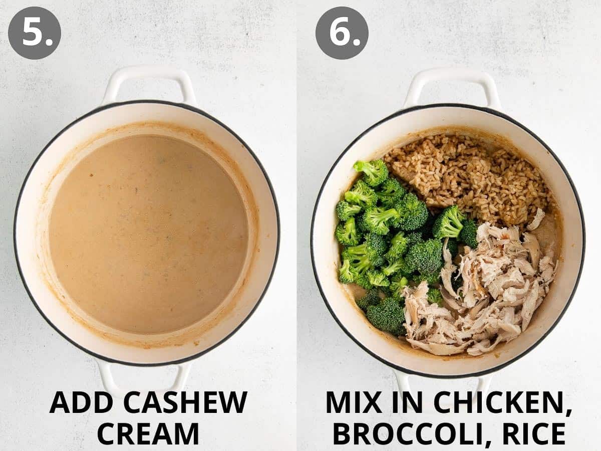 Cashew cream in a bowl, and chicken, broccoli, and rice in a bowl