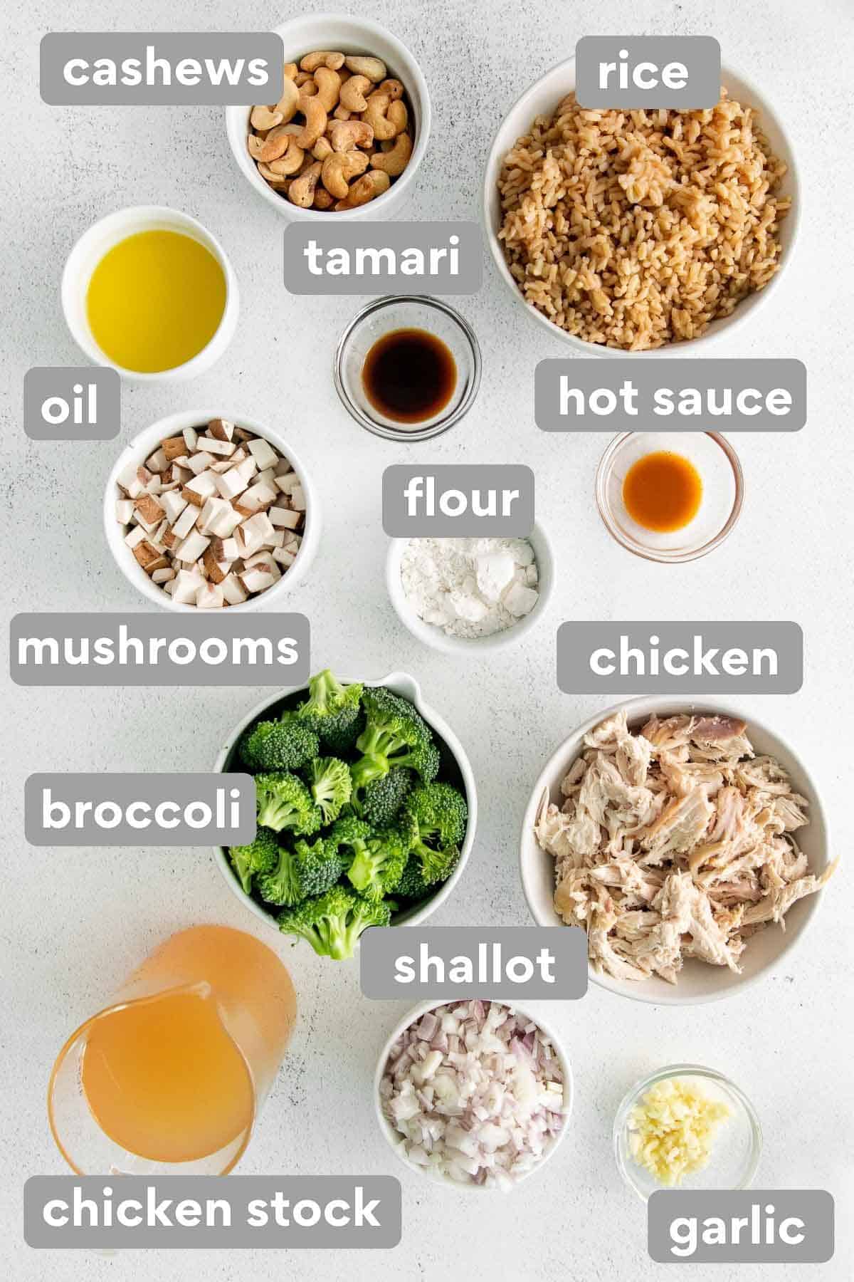 Ingredients for chicken rice casserole on a table
