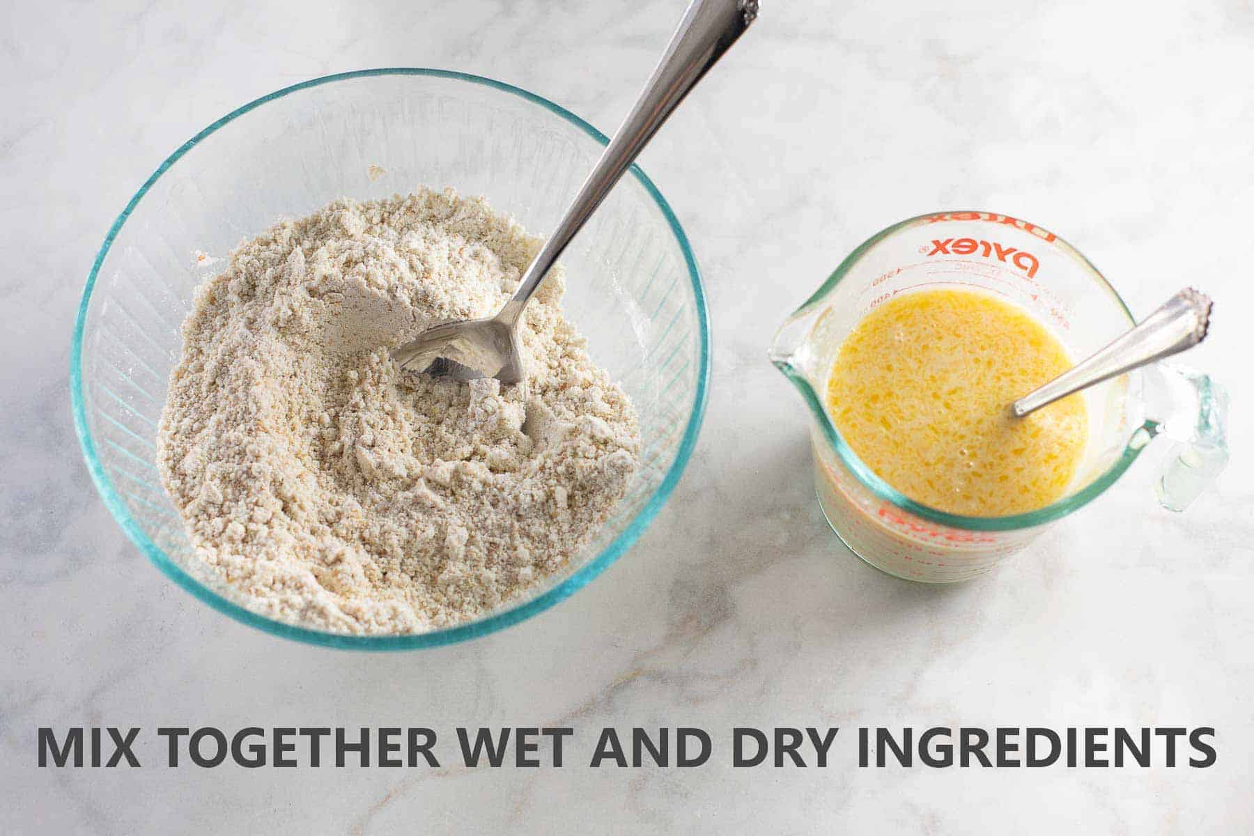 dry ingredients and wet ingredients mixed separately in bowls