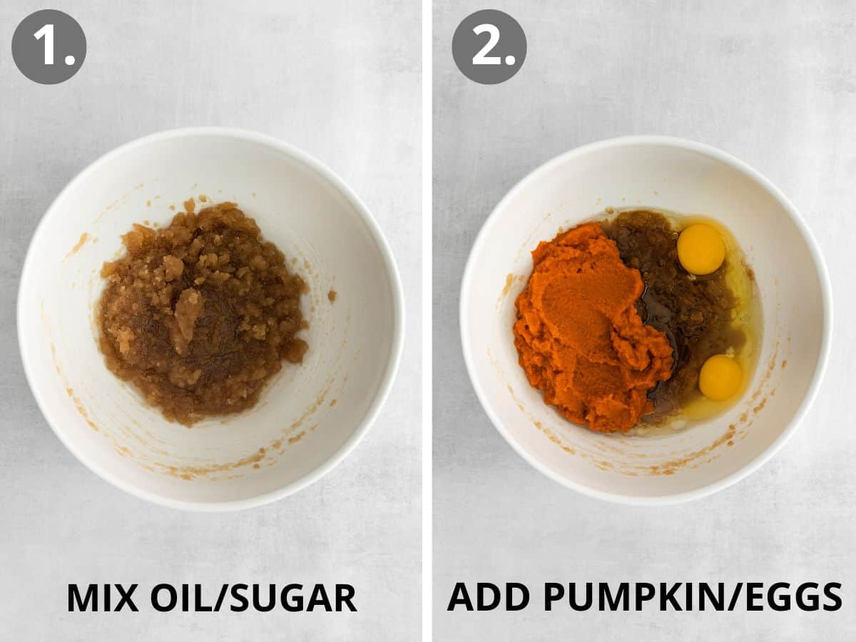 Oil and sugar in a mixing bowl, and pumpkin and eggs added into the bowl