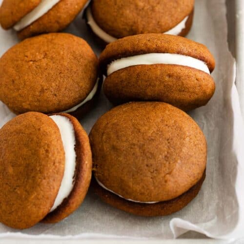 A close up of whoopie pies in a baking dish