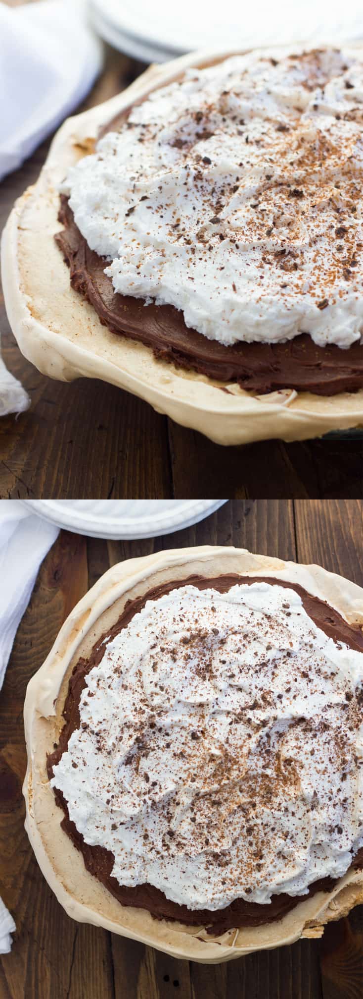 Chocolate Angel Pie! A crisp meringue crust filled with chocolate-truffle-like filling, then topped with pillowy whipped cream. Gluten-free, dairy-free and made with pantry ingredients.