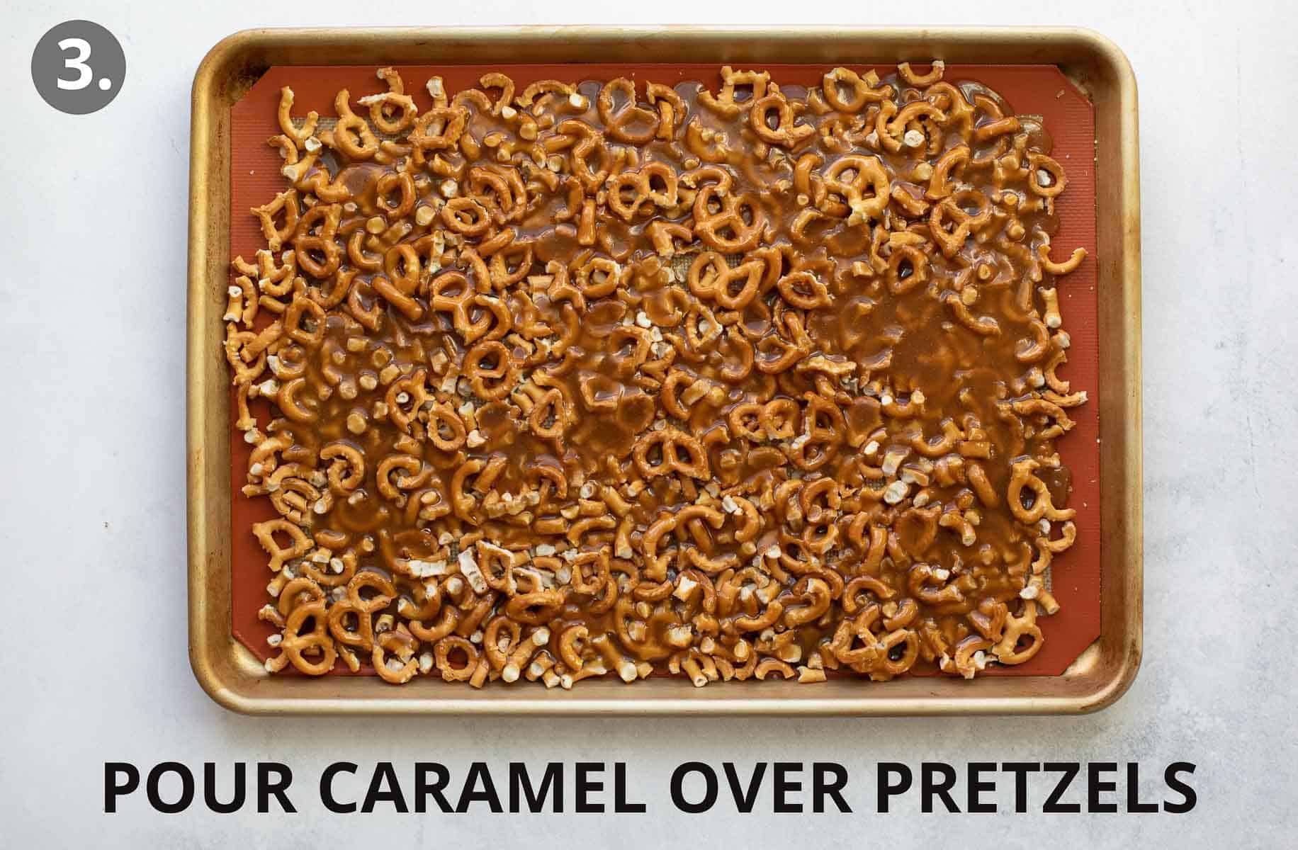 caramel being poured over the pretzel layers