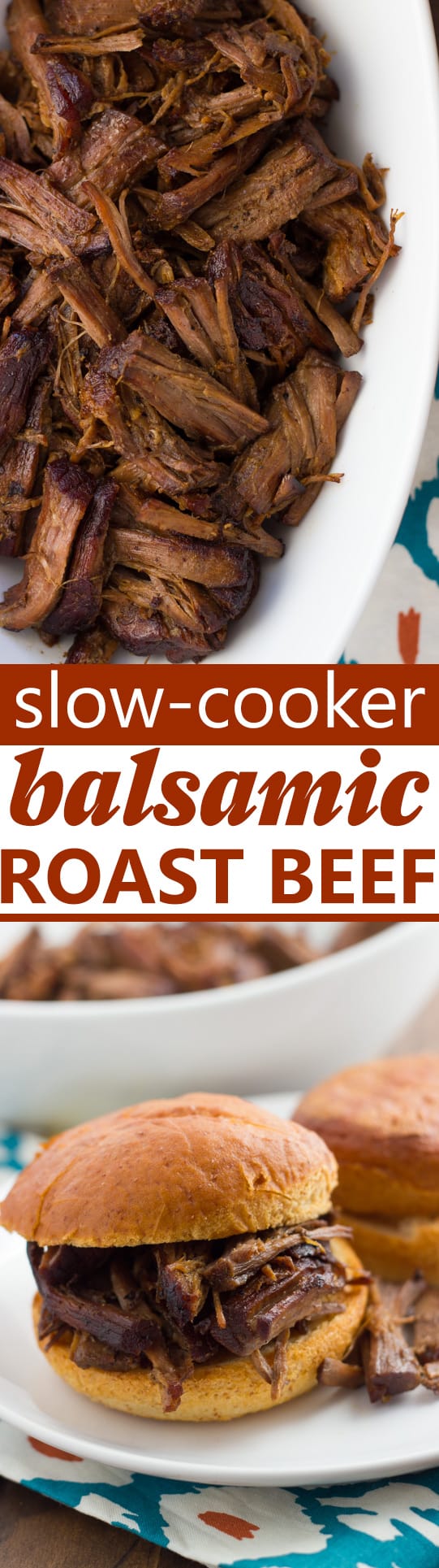 Slow-Cooker Balsamic Roast Beef! Amazingly tender, savory roast beef easily made in the slow-cooker with just 10 min prep. Delicious as pot roast or as a French-dip type sandwich! (Gluten-Free)