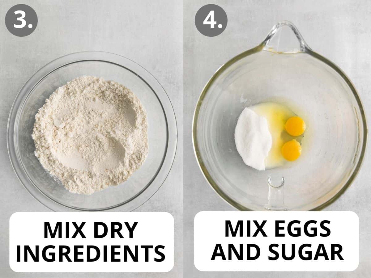 Dry ingredients in a glass bowl, and eggs and sugar mixed into another bowl