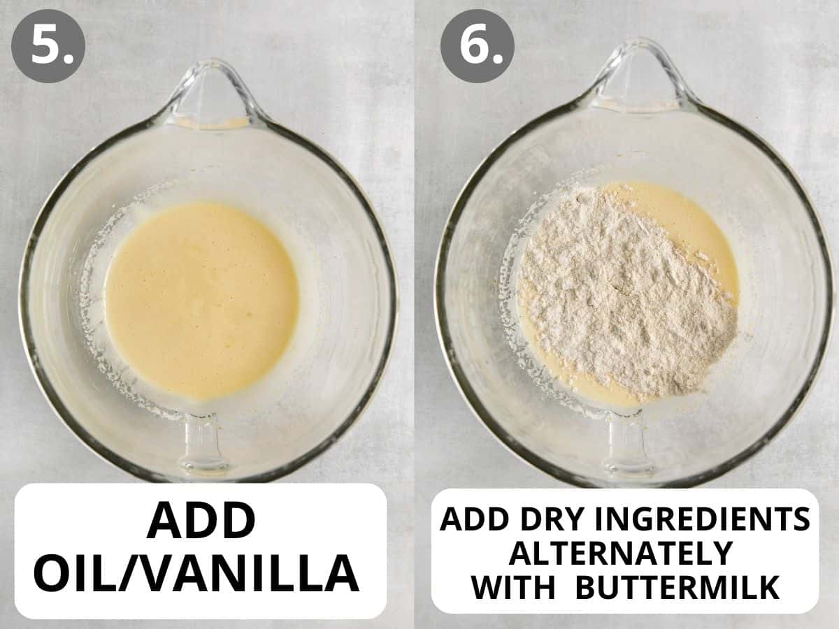 Vanilla and oil added into the wet ingredients, and then combined with the dry ingredients in a bowl