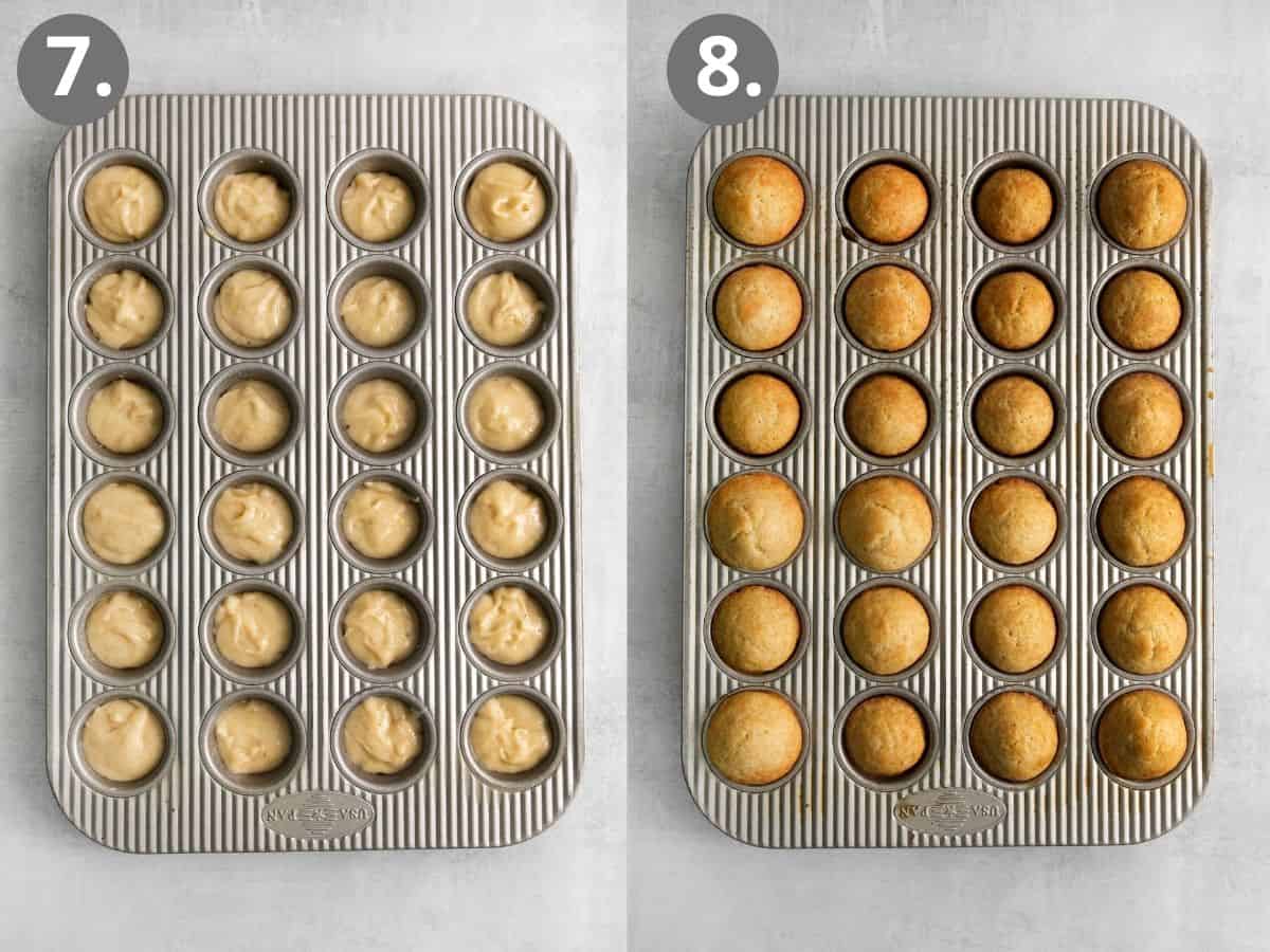 Raw breakfast puff batter in a mini muffin tin, and baked muffins in a tin