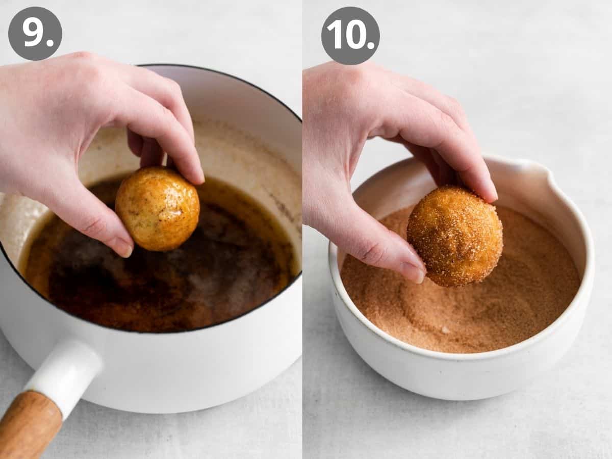 A hand dipping the puffs in brown butter and then rolling in a bowl of cinnamon sugar