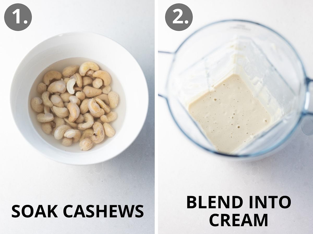 Cashews in a bowl, and cashews blended in a blender.