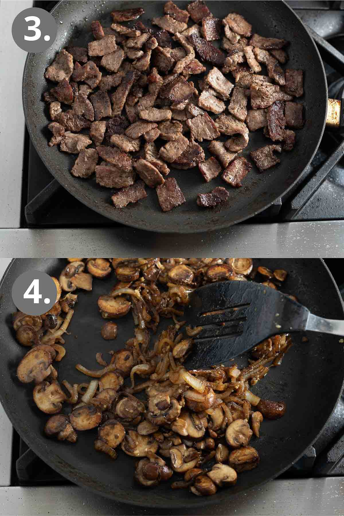 Beef in a large skillet, and mushrooms and onions in a large skillet.