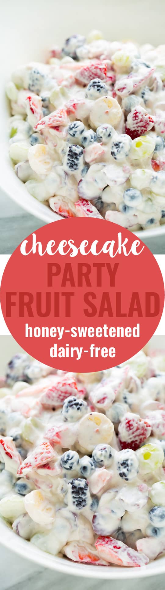 Healthy Cheesecake Fruit Salad! Perfect for parties and potlucks. Dairy-free and honey-sweetened!
