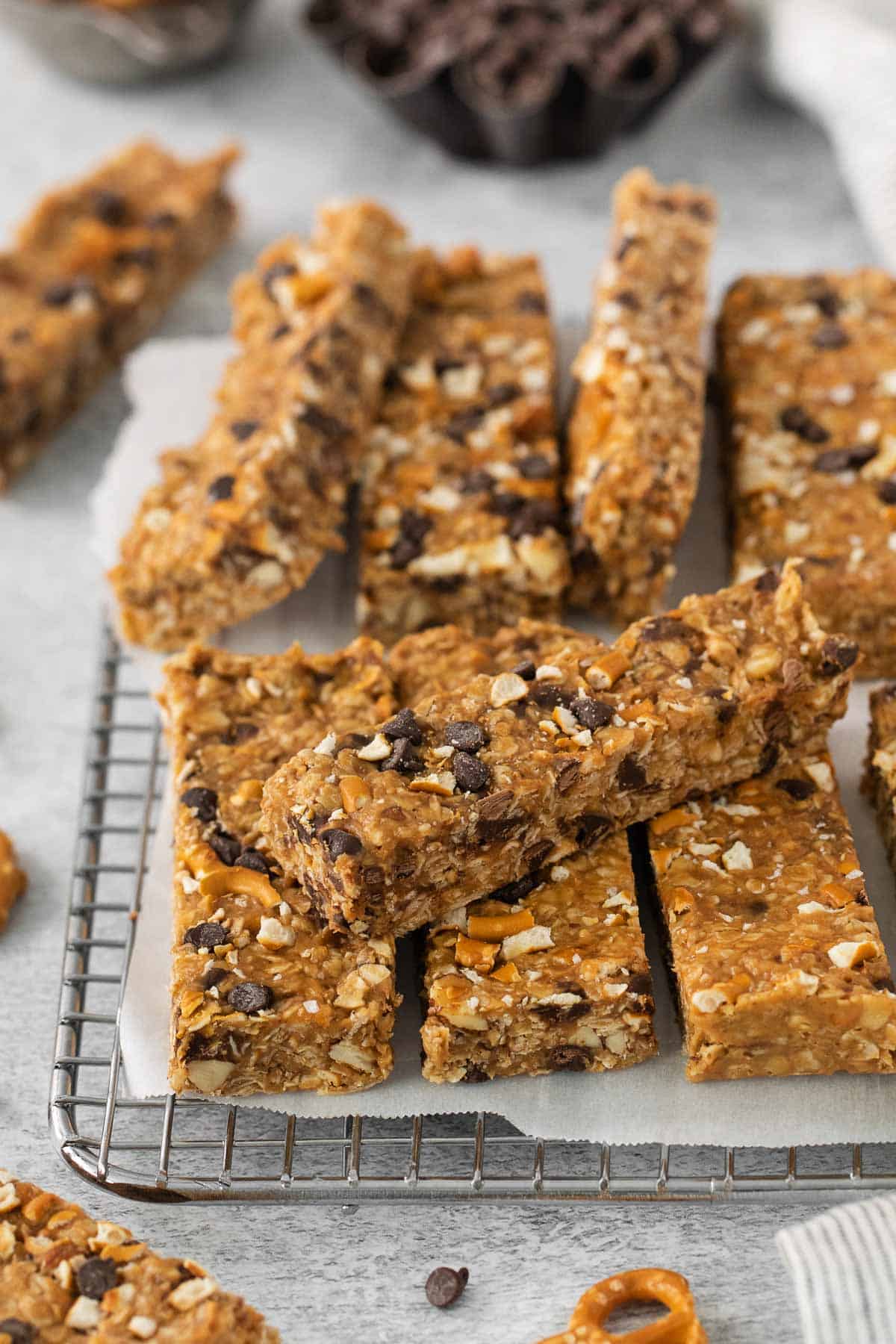 No-bake peanut butter oatmeal bars on a wire cooling rack