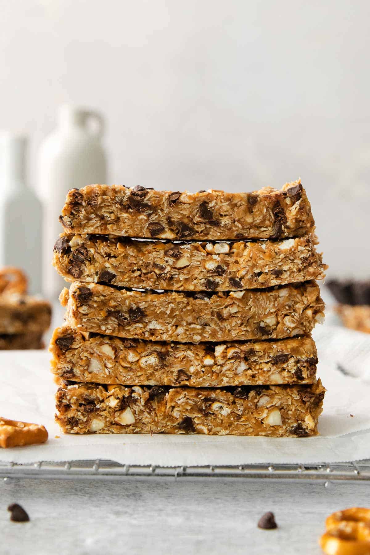 No-bake peanut butter oatmeal bars stacked on a counter