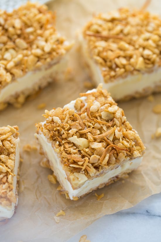 Ice Cream Crunch Bars! Also called I Scream Bars! Any ice cream you liked topped with a toasty crispy coconut, crispy rice, cashew topping. Easy to make and so delicious!