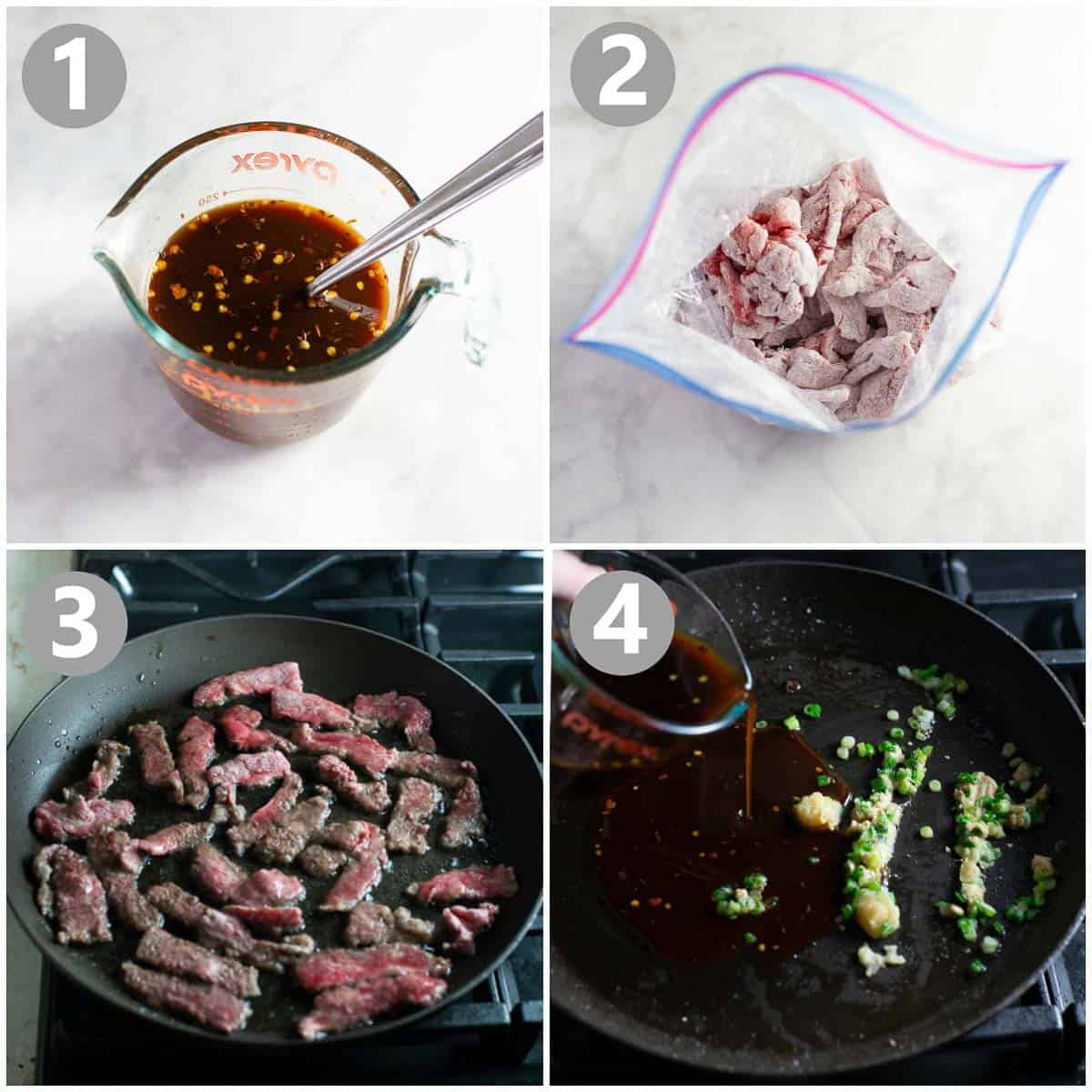step-by-step photos show how to make beef teriyaki, including coating and cooking the beef