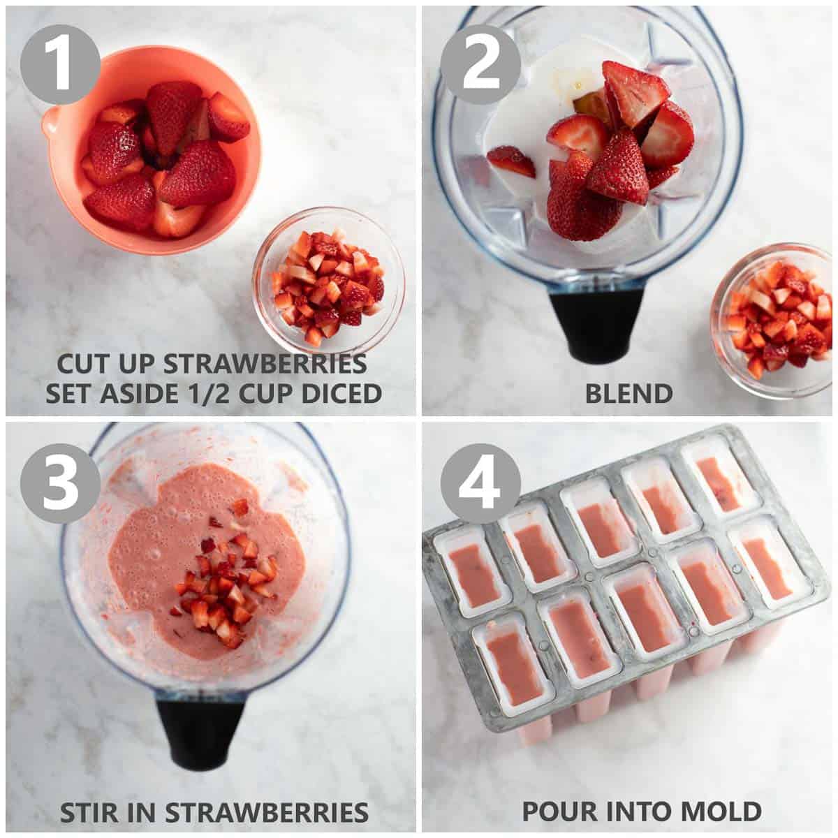 4 photo collage shows steps to make strawberry popsicle mixture in a blender