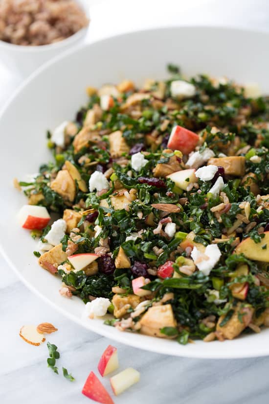 Chicken Kale & Wild Rice Salad! A healthy and delicious salad full of almonds, cranberries, apples and goat cheese. (Cubby's Copycat!)