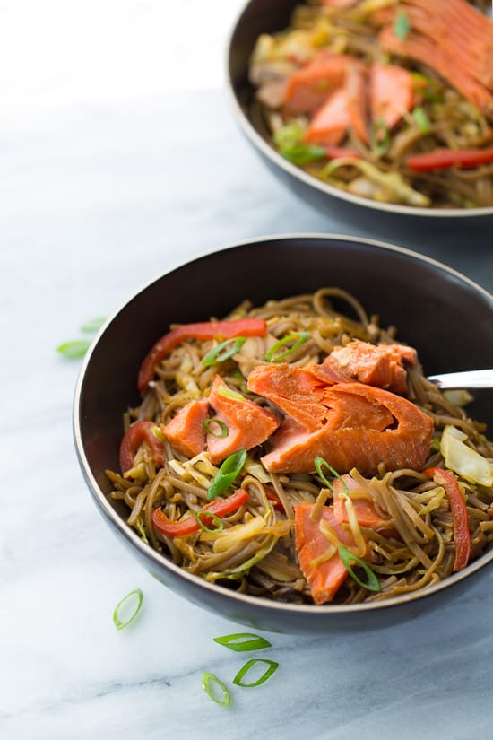 Honey Lime Salmon with Soba Noodle Stir-Fry! A healthy, light and flavorful meal that will leave you feeling great. Gluten/Dairy-Free!