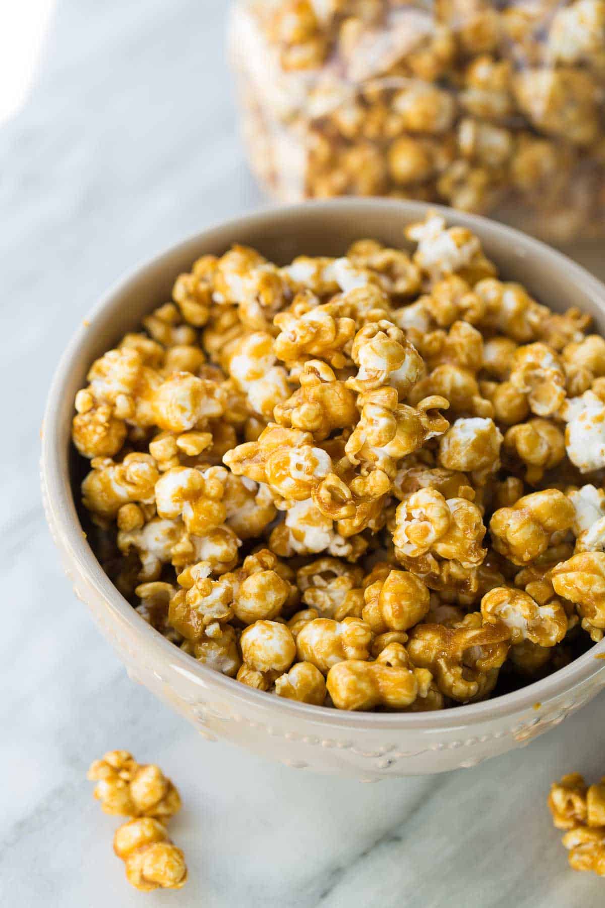 caramel corn in gray bowl for snacking