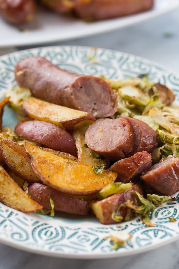 One-Pan Roasted Sausage, Potatoes & Brussel Sprouts! A quick, healthy dinner with almost no clean-up. (Gluten-Free, Dairy-Free)
