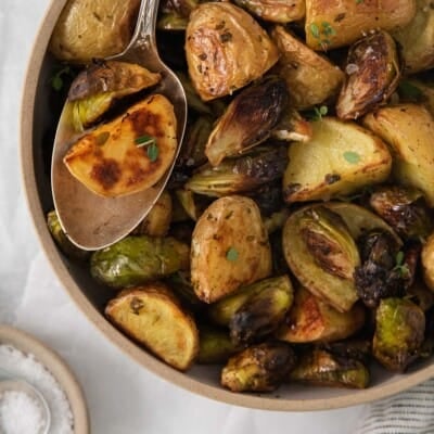roasted potatoes and brussel sprouts in a bowl
