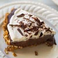 close up shot of chocolate pie on white plate