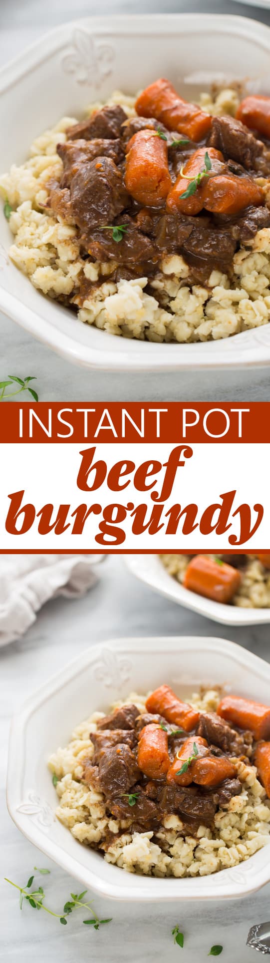 Instant Pot Beef Burgundy! A comforting beef stew cooked until it's fall-apart tender in a flavorful red wine sauce.