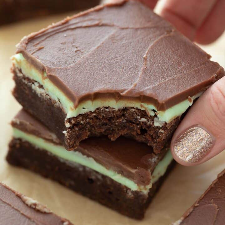 gluten free mint brownies with bite taken out being held