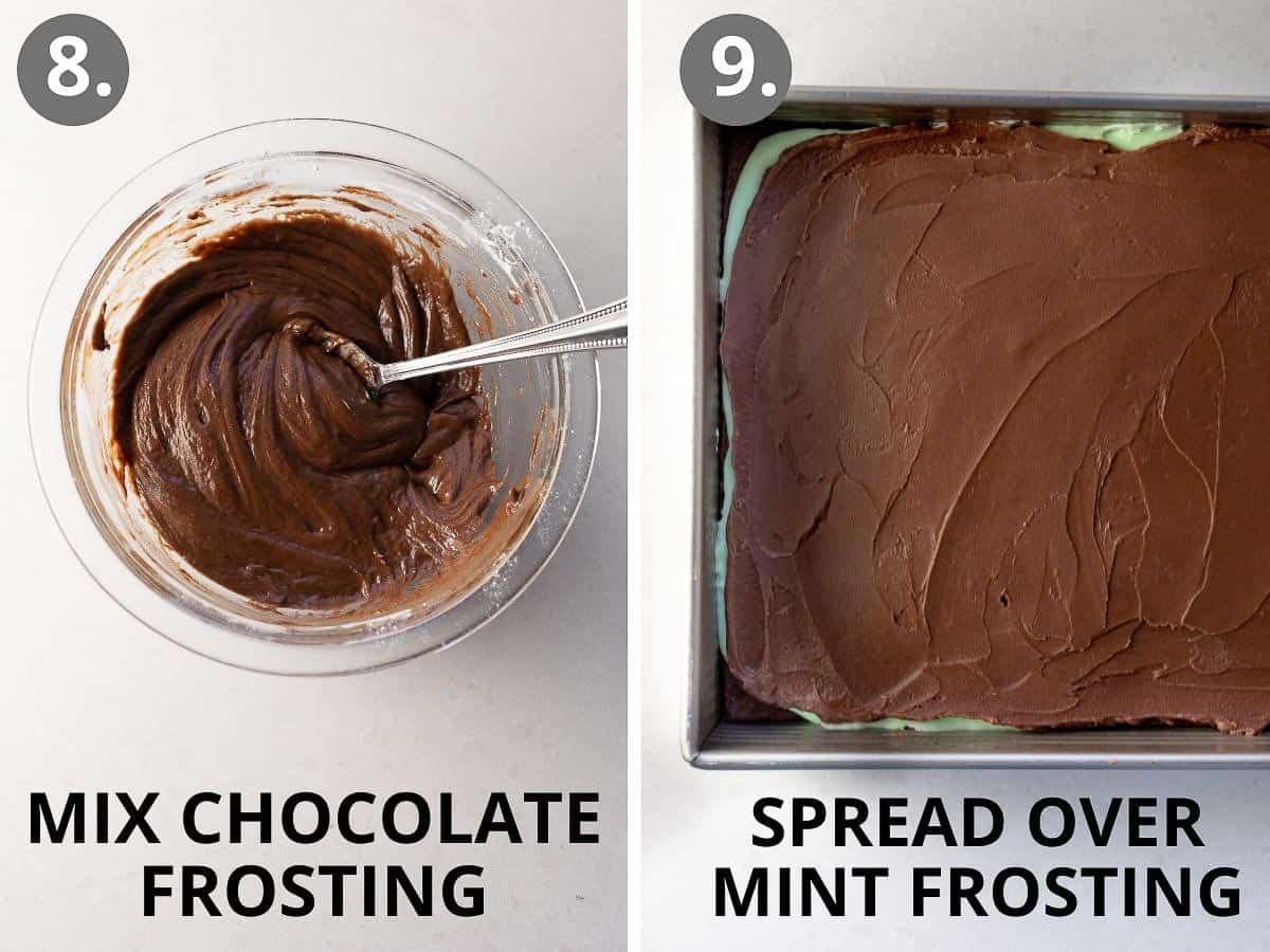 chocolate frosting for mint brownies being spread