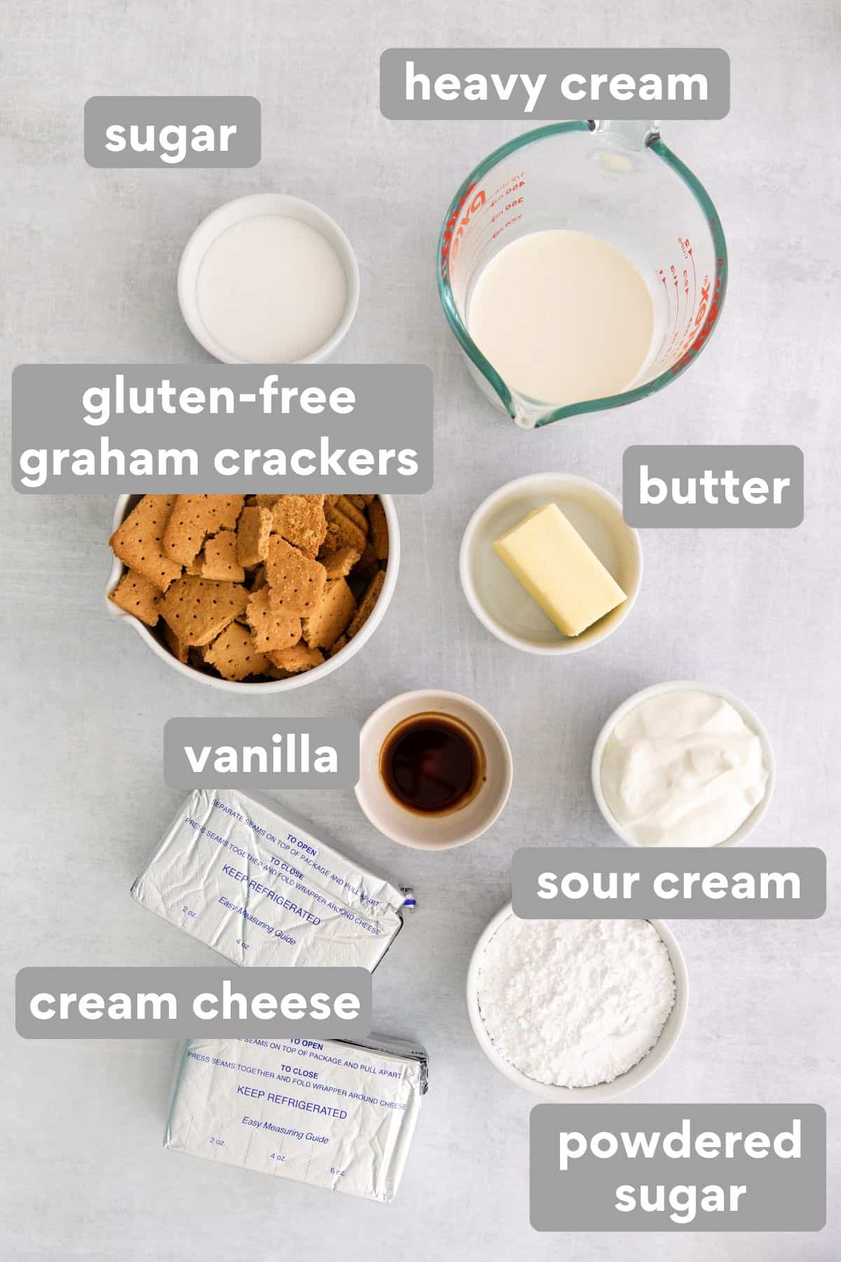 Ingredients for gluten-free no-bake cheesecake on a counter top