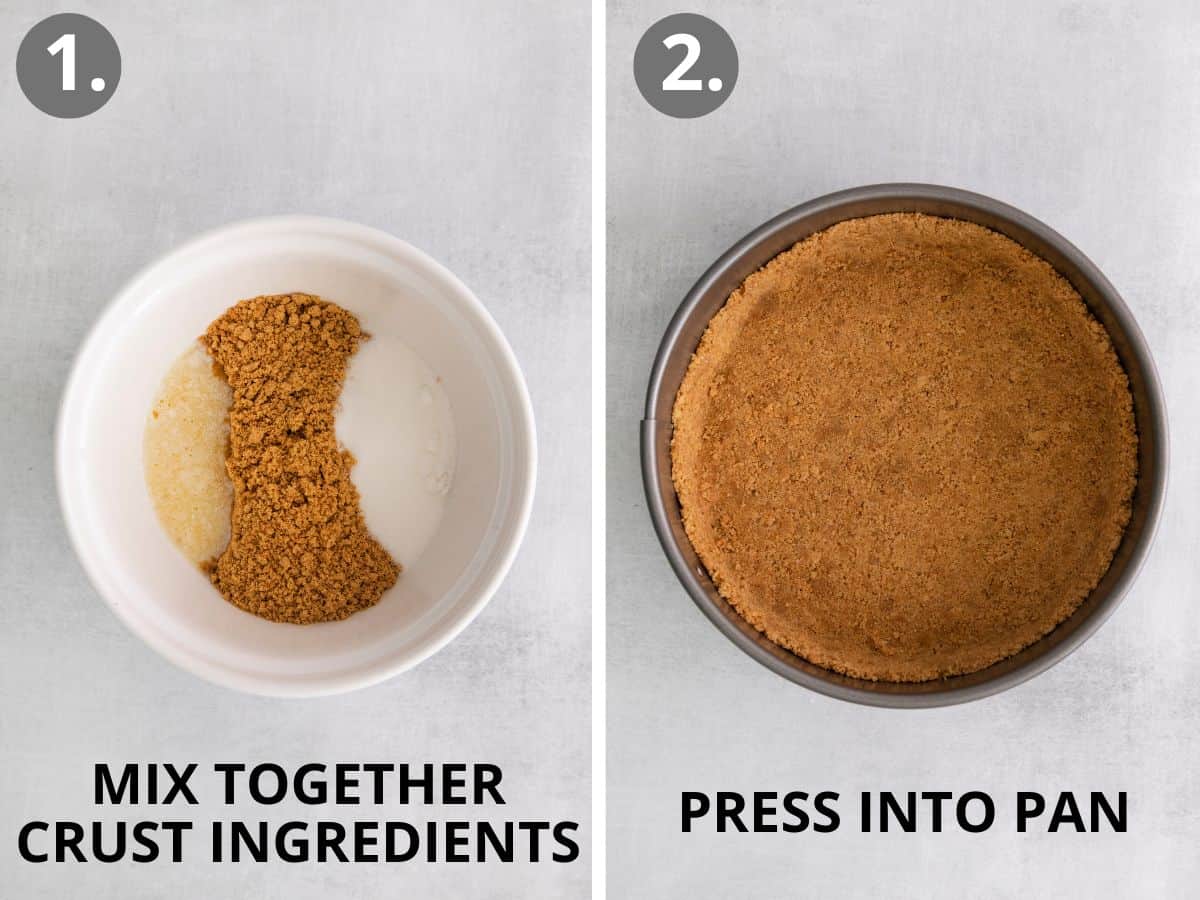 Crust ingredients in a bowl, and crust ingredients pressed into a cheesecake dish
