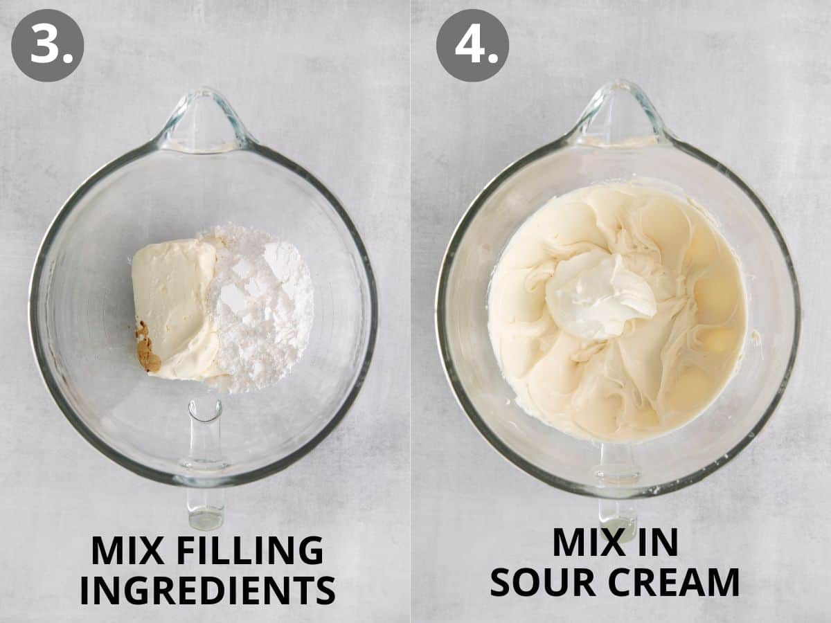 gluten-free no-bake cheesecake ingredients in a large mixing bowl, and the same ingredients with sour cream mixed in
