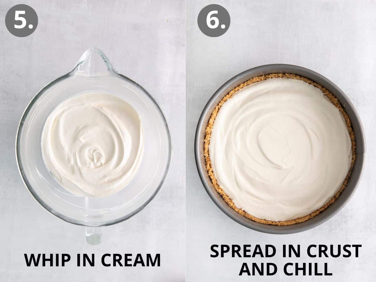 A bowl with cream whipped into the cream cheese, and a pie dish with the filling spread inside