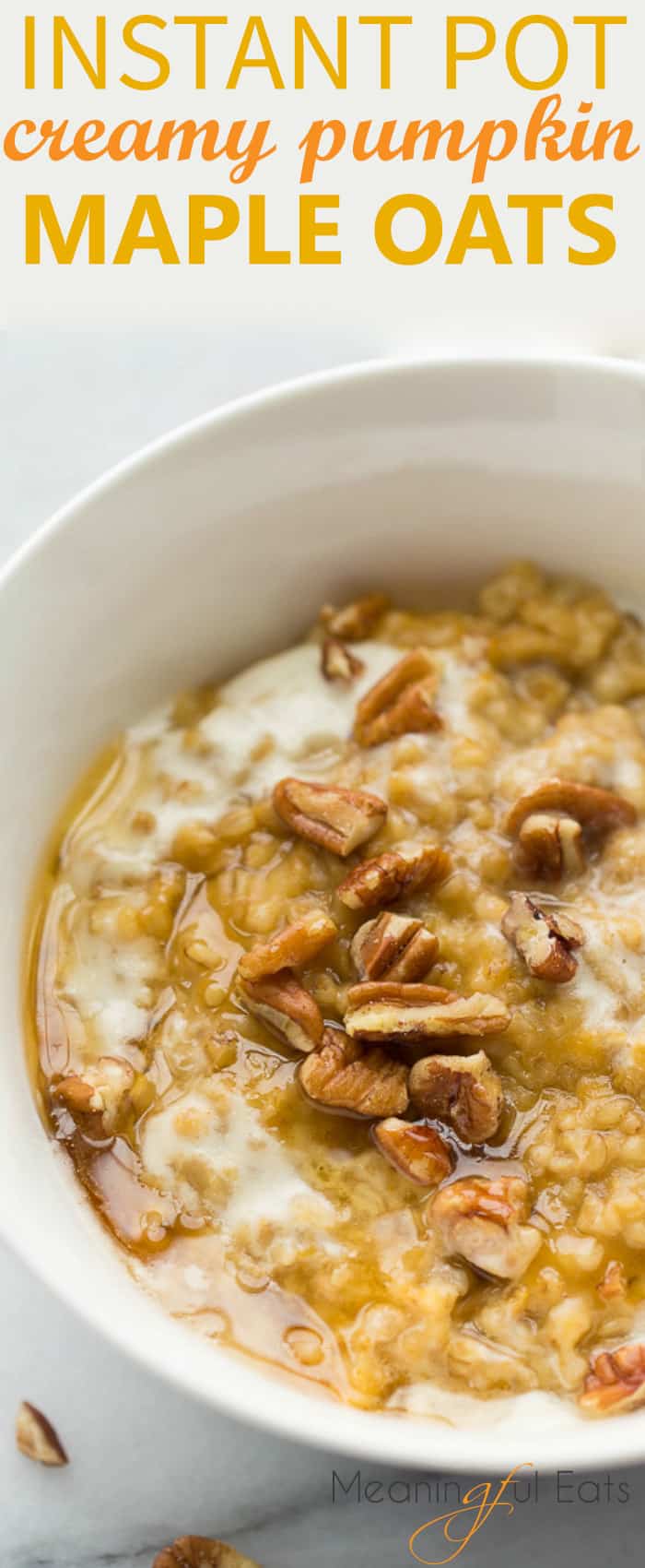 Instant Pot Creamy Pumpkin Maple Oatmeal! No-stir, perfectly soft oats cooked for 10 minutes in the pressure cooker. Lightly sweet with all the flavors of fall! {Dairy-Free, Gluten-Free}