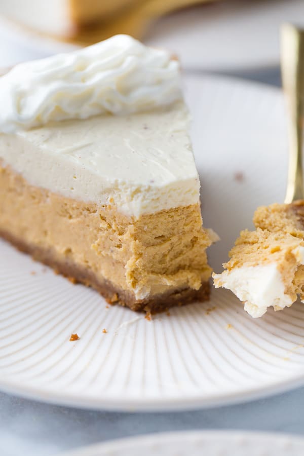 close up shot of pumpkin cheesecake with fork